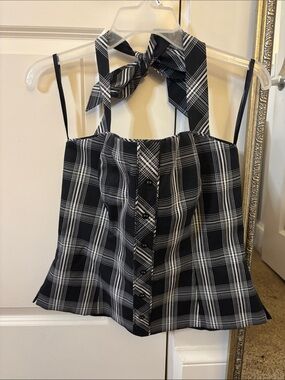 Black Plaid Button-Front Tie-Neck Camisole Top